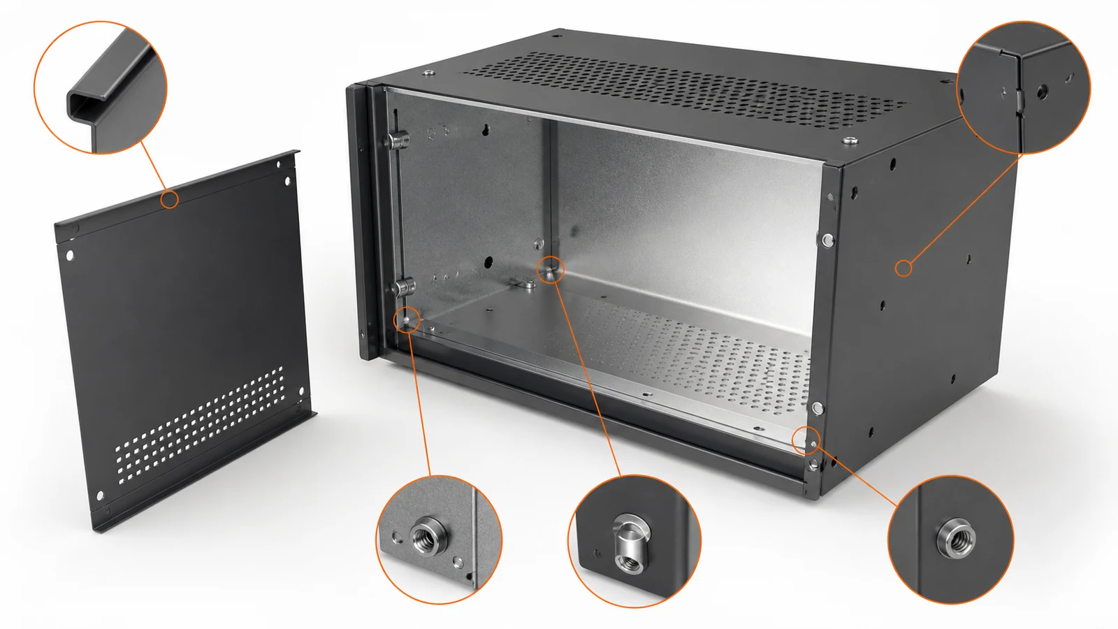 Sheet metal enclosure design with seams tabs and fasteners