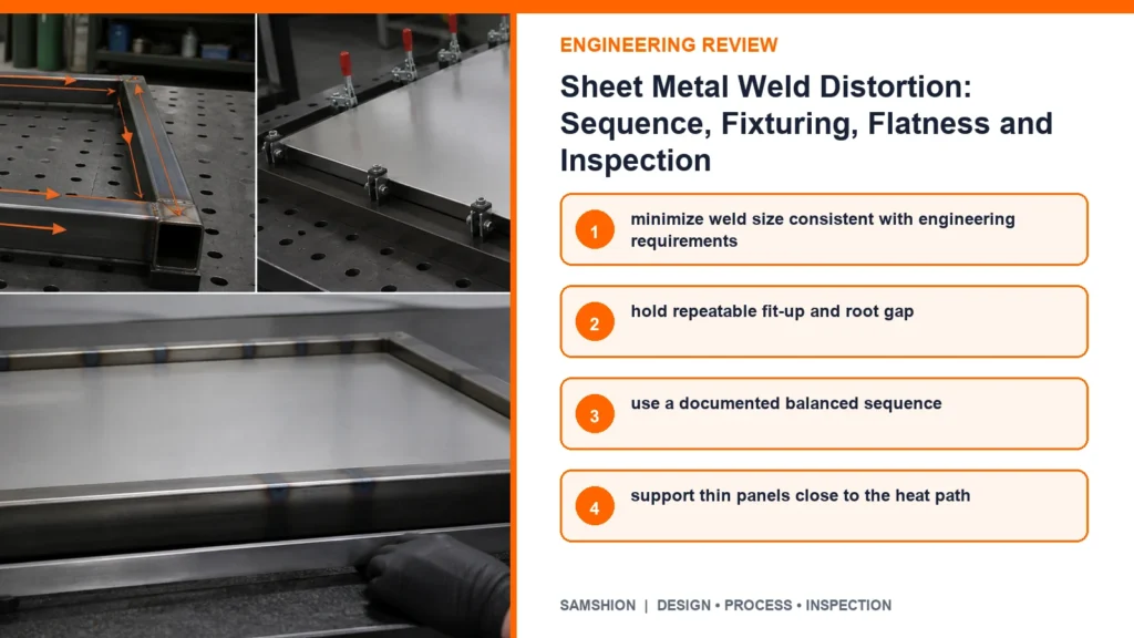 Engineering controls infographic for sheet metal weld distortion
