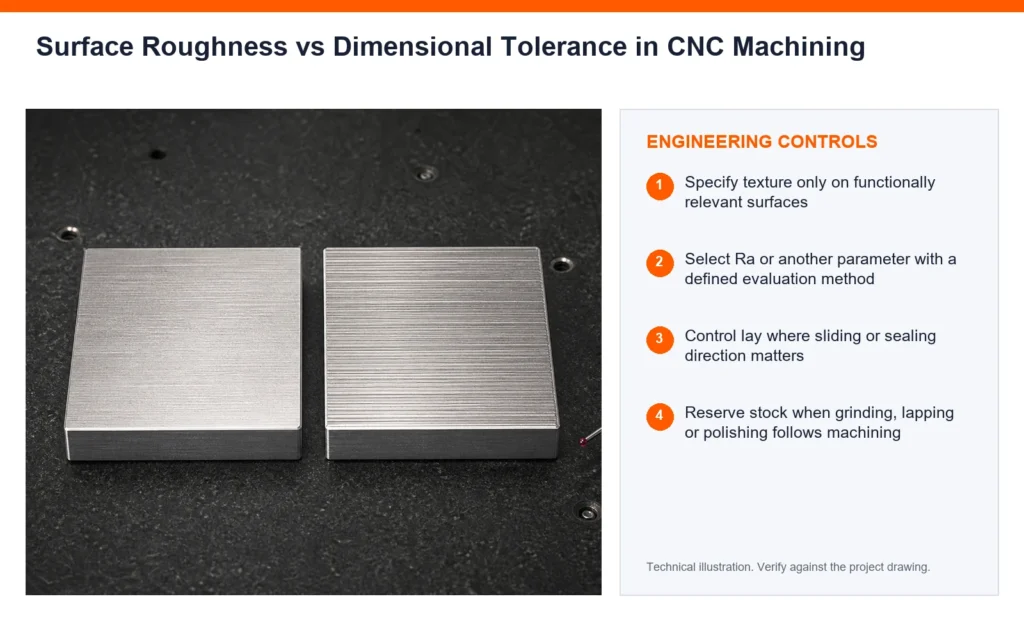 Orange engineering-control infographic for surface roughness vs tolerance