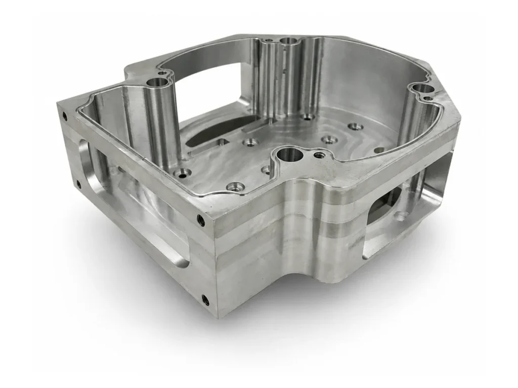 Thin-wall CNC machined aluminum housing with deep internal pocket and mounting bosses