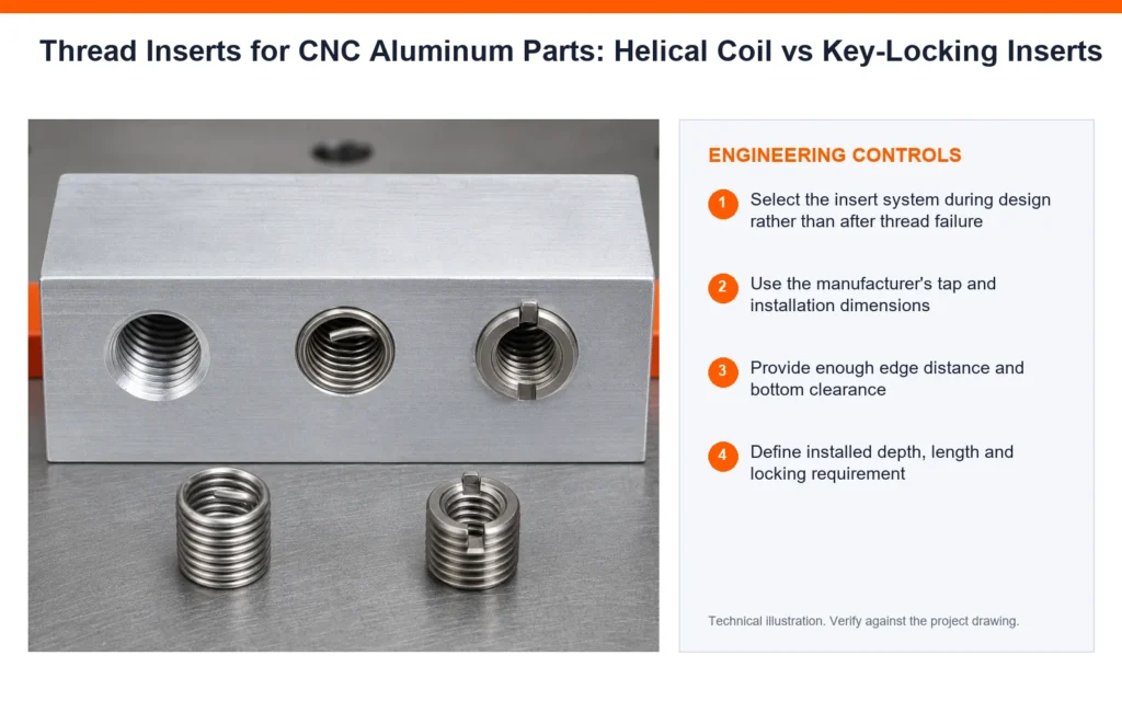 Orange engineering-control infographic for thread inserts for CNC aluminum