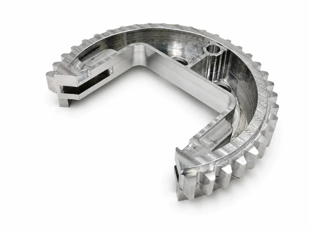 As-machined 7075-T5 C-shaped transmission gear component produced by three-axis CNC milling