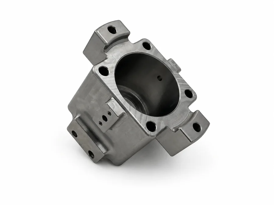 Real titanium alloy CNC machined housing with precision bore and mounting holes