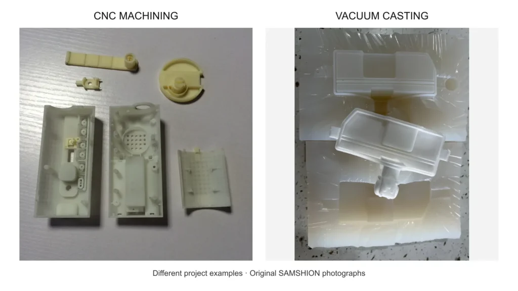CNC machined ABS components beside a vacuum cast part and silicone mold from a separate project