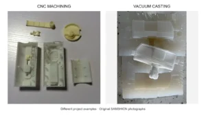 CNC machined ABS components beside a vacuum cast part and silicone mold from a separate project