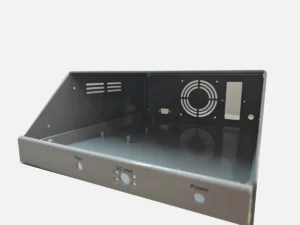 Gray powder-coated sheet metal equipment enclosure with ventilation openings and printed panel labels