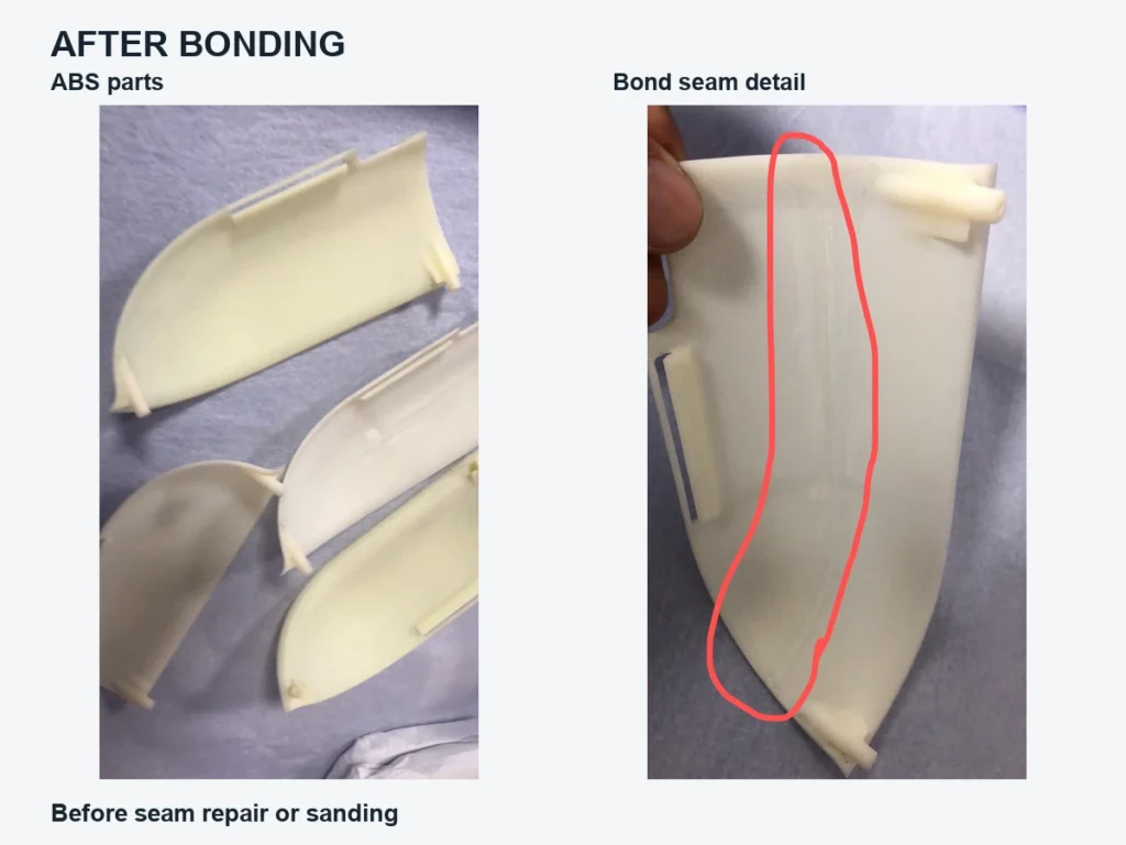 ABS prototype parts immediately after bonding beside a close-up with the bond seam marked in red, before seam repair or sanding