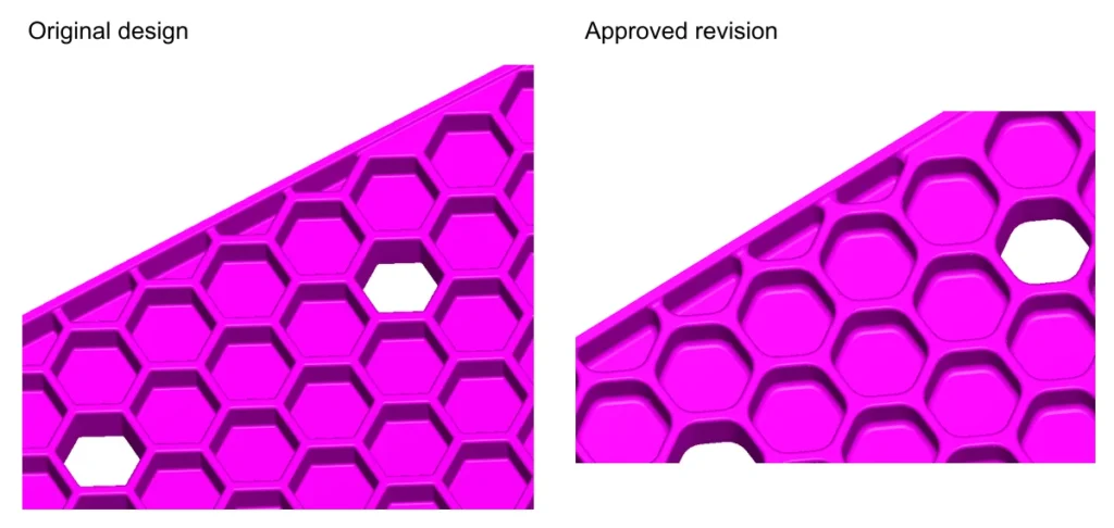 Local CAD views of a cover plate before and after the customer approved larger internal corner radii in its honeycomb pockets