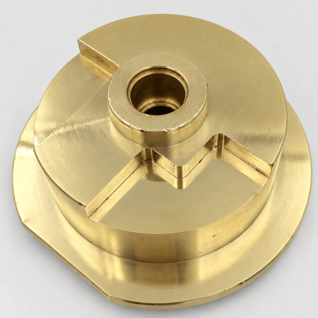 H59 brass component showing a central bore and milled features on a turned body