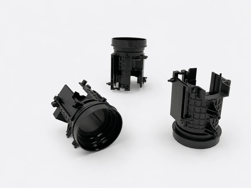 Three black cylindrical plastic components showing internal ribs and structural details.