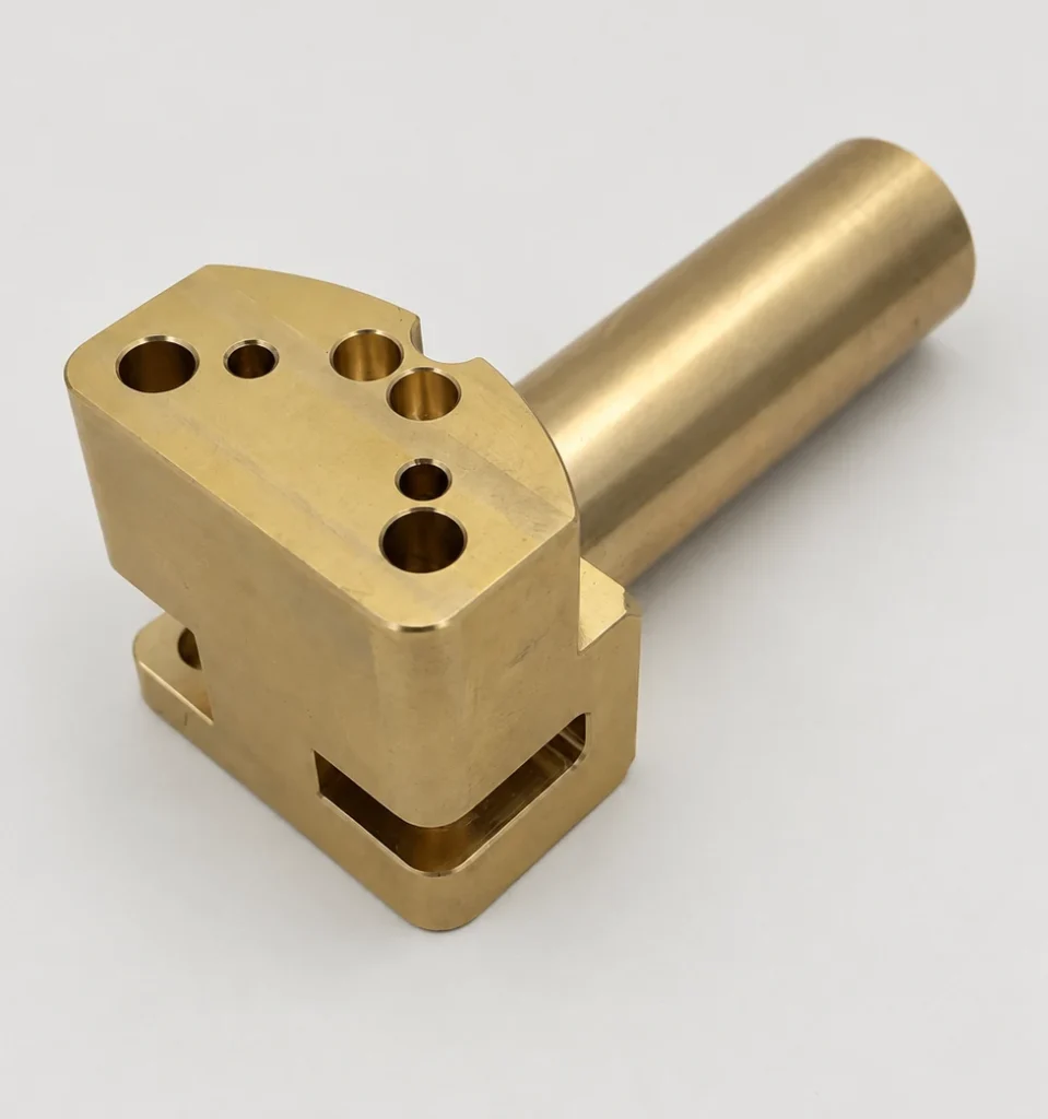 As-machined C360 brass part with multiple holes, a side slot and a cylindrical extension
