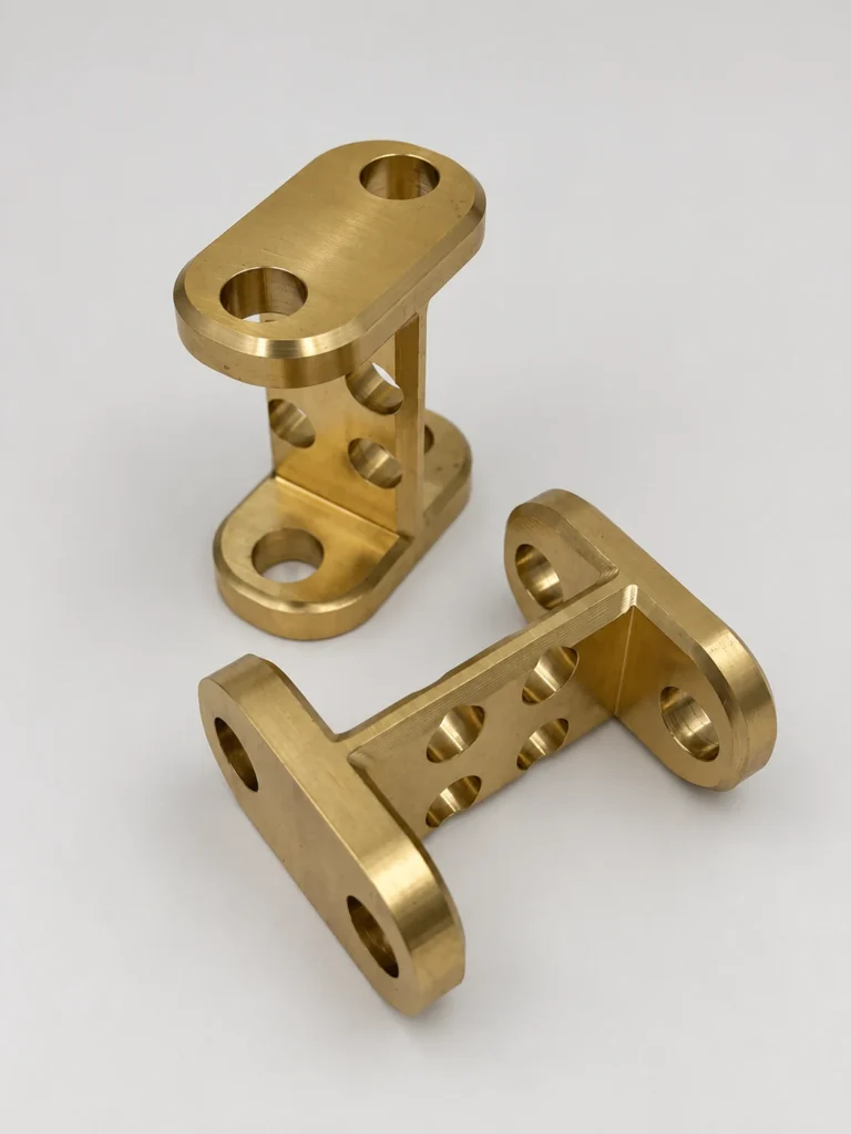 Two as-machined C360 brass components showing mounting faces, holes and a connecting web