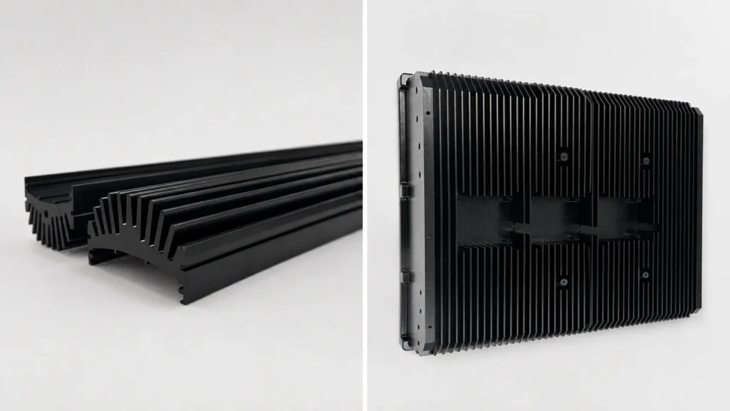 CNC-machined and extruded aluminum heat sinks with black anodizing