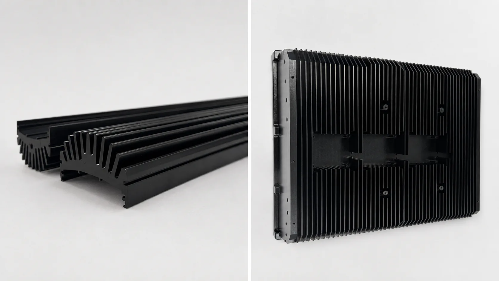CNC-machined and extruded aluminum heat sinks with black anodizing