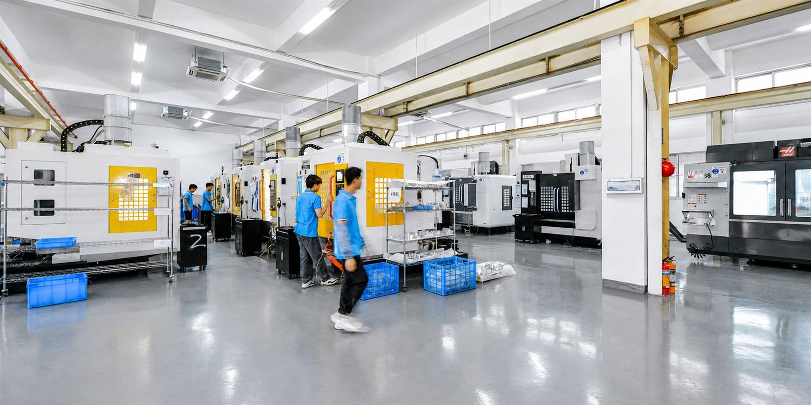 Wide view of the SAMSHION CNC machining workshop with machining centers and operators