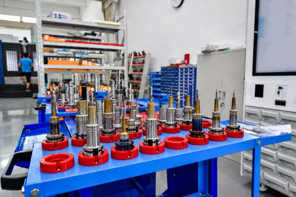 CNC cutting tools and tool holders organized on a tooling cart