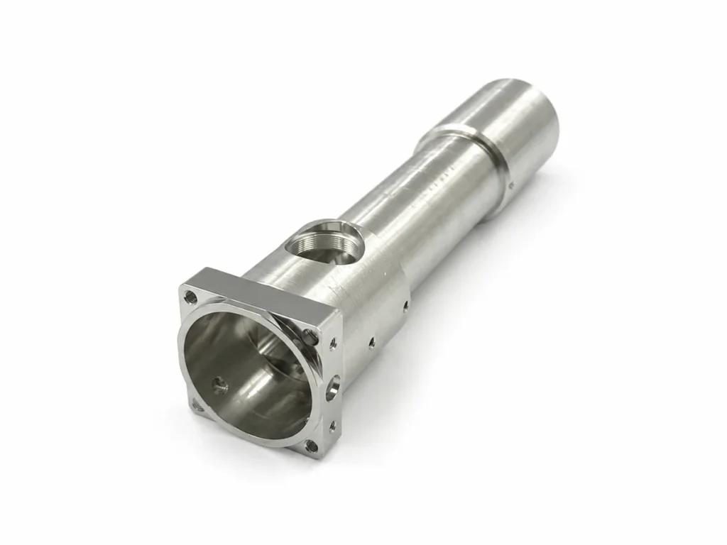 One-piece 6061-T6 aluminum prototype with a cylindrical body and square flange produced by CNC turning and 5-axis machining