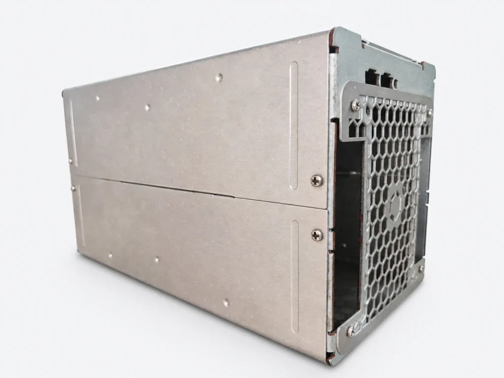 Galvanized steel computer enclosure with assembled panels and a honeycomb ventilation grille