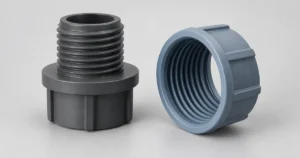 Illustration of two plastic threaded components showing an external thread and an internal threaded opening.