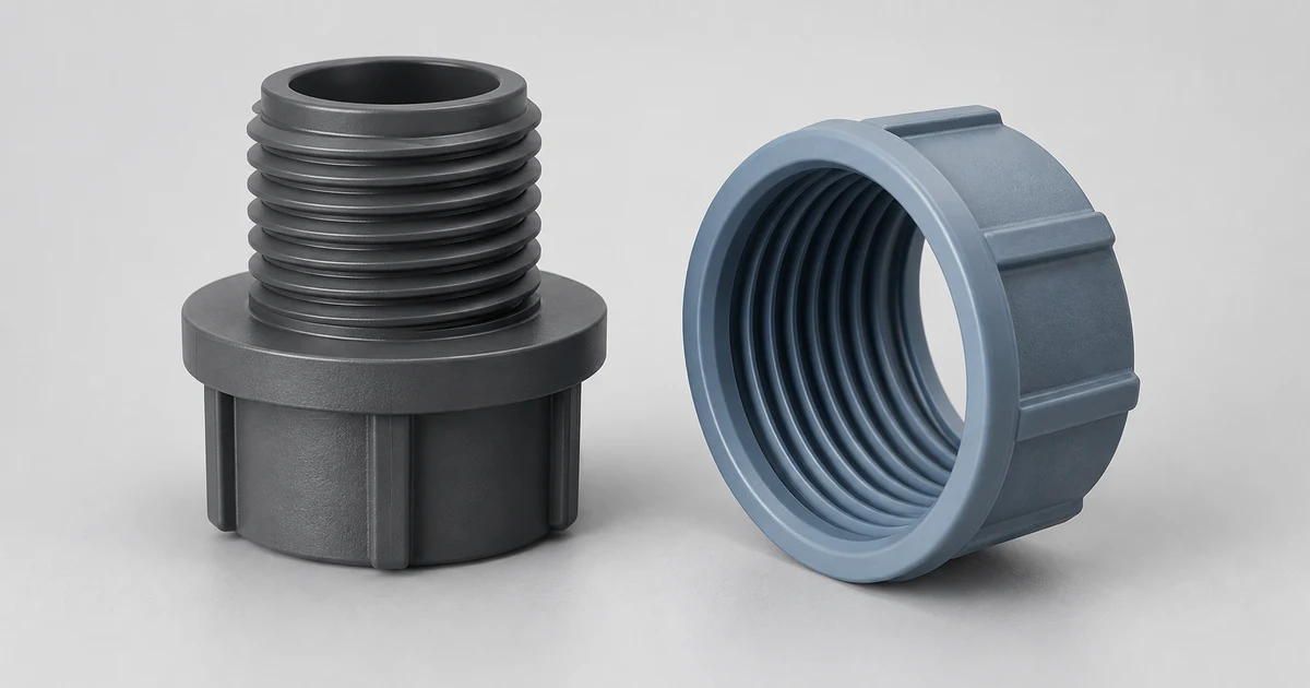 Illustration of two plastic threaded components showing an external thread and an internal threaded opening.