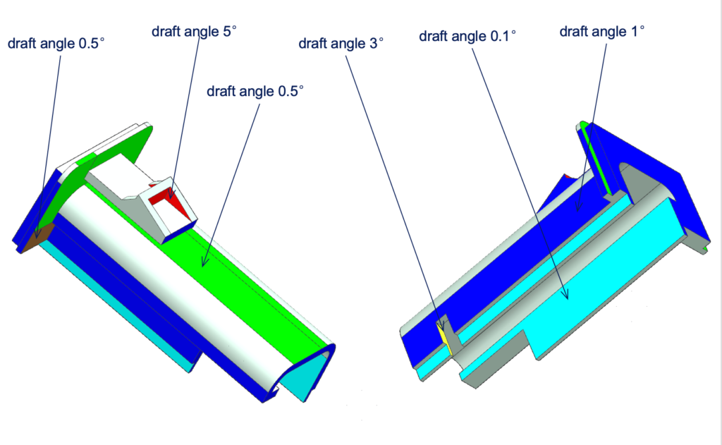 Two CAD views of an injection-molded part with draft angles annotated on different surfaces.