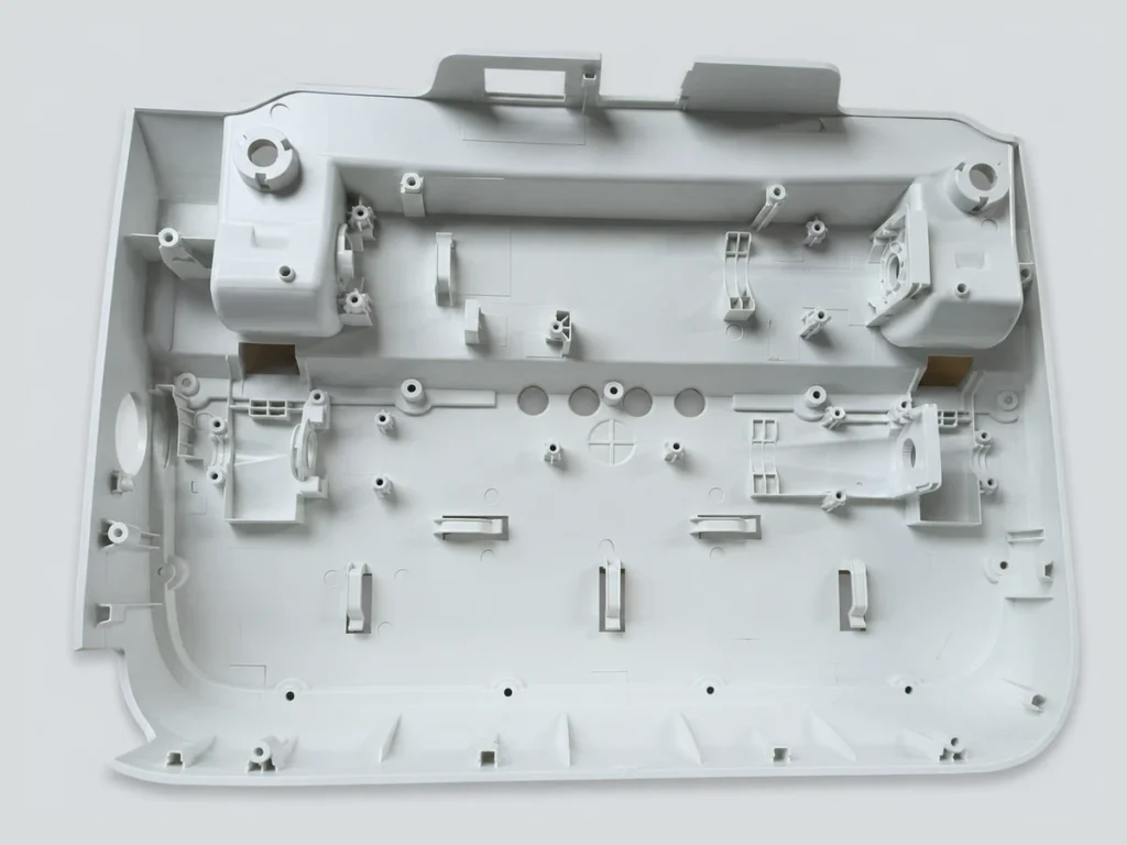 nterior view of an ABS+PC equipment housing showing reinforcing ribs, mounting bosses, snap-fit features and openings.