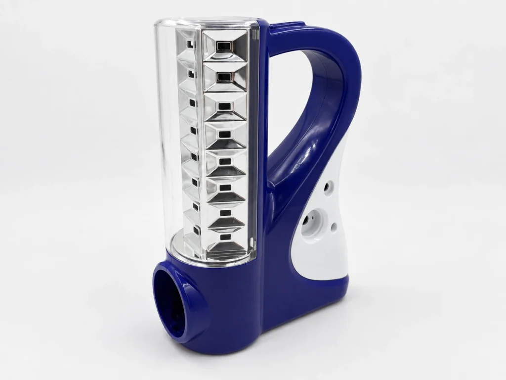 Lighting prototype with a blue ABS housing, a transparent PMMA cover and silver-colored internal components.