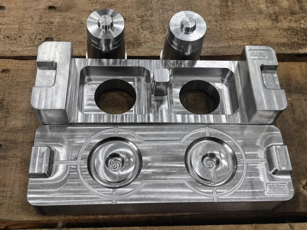 SAMSHION rapid tooling mold showing dual cavities, runners and guide pillars.