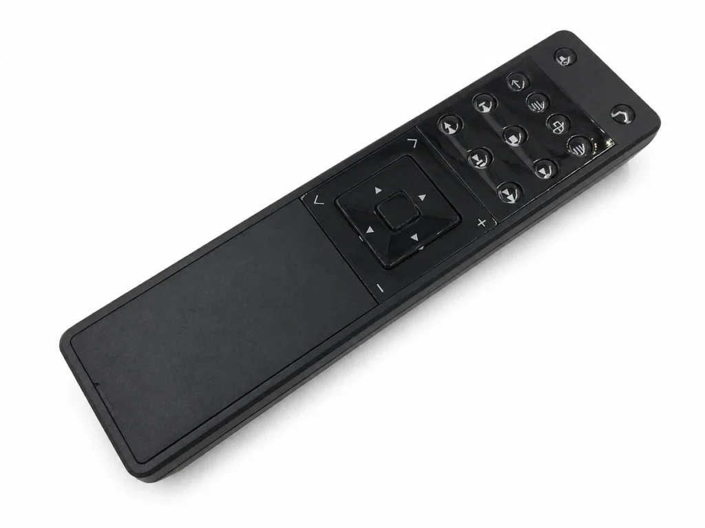 Black control panel with white screen-printed symbols and button markings.