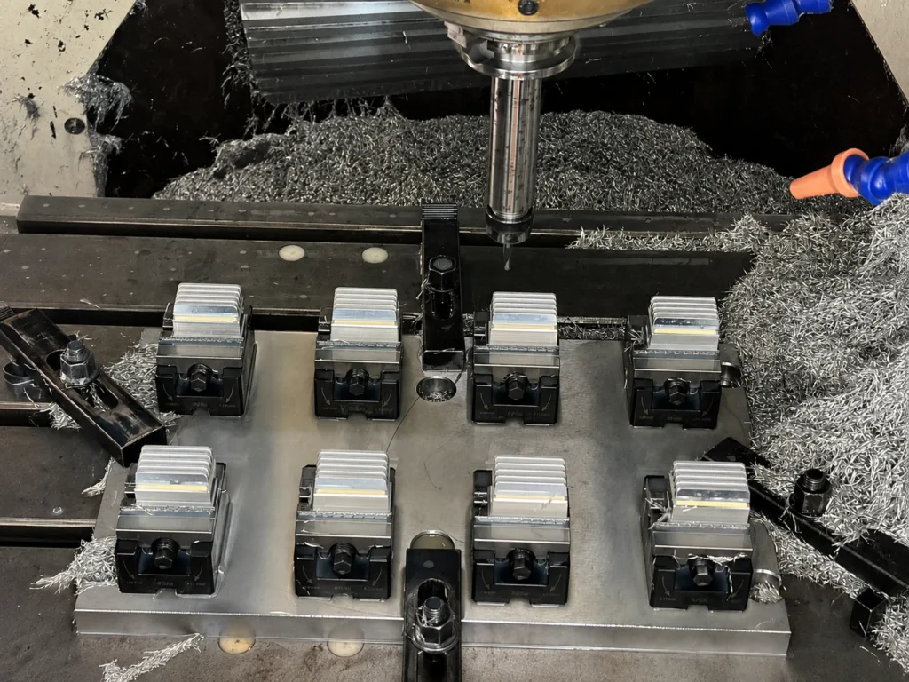 Multiple finned aluminum blanks set up for small-batch CNC machining