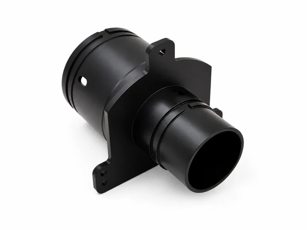 Black-anodized 6061-T6 one-piece housing produced by CNC turning and 5-axis machining