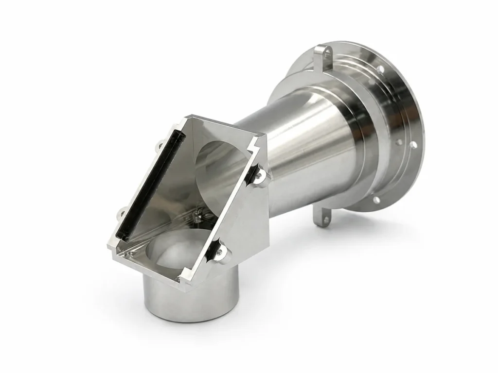 One-piece 6061-T6 aluminum housing produced by CNC turning and 5-axis machining