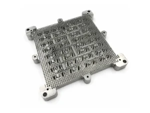 Machined aluminum plate with a dense array of square pillars and mounting holes