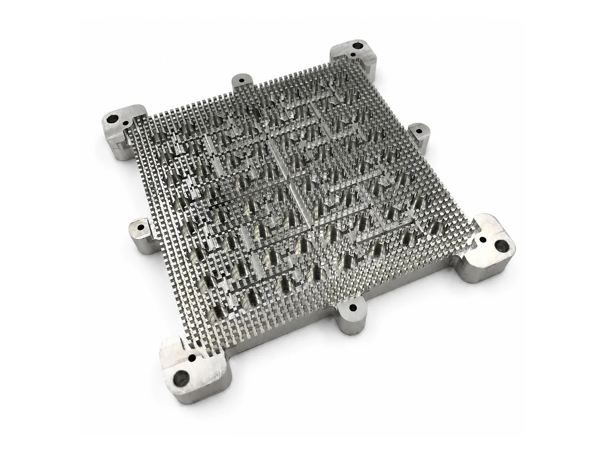 Machined aluminum plate with a dense array of square pillars and mounting holes