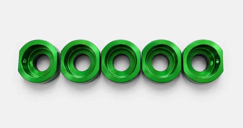 Five green CNC machined sleeves with stepped internal bores