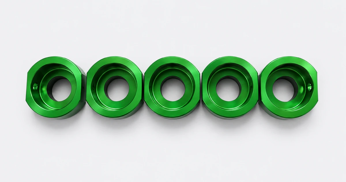 Five green CNC machined sleeves with stepped internal bores