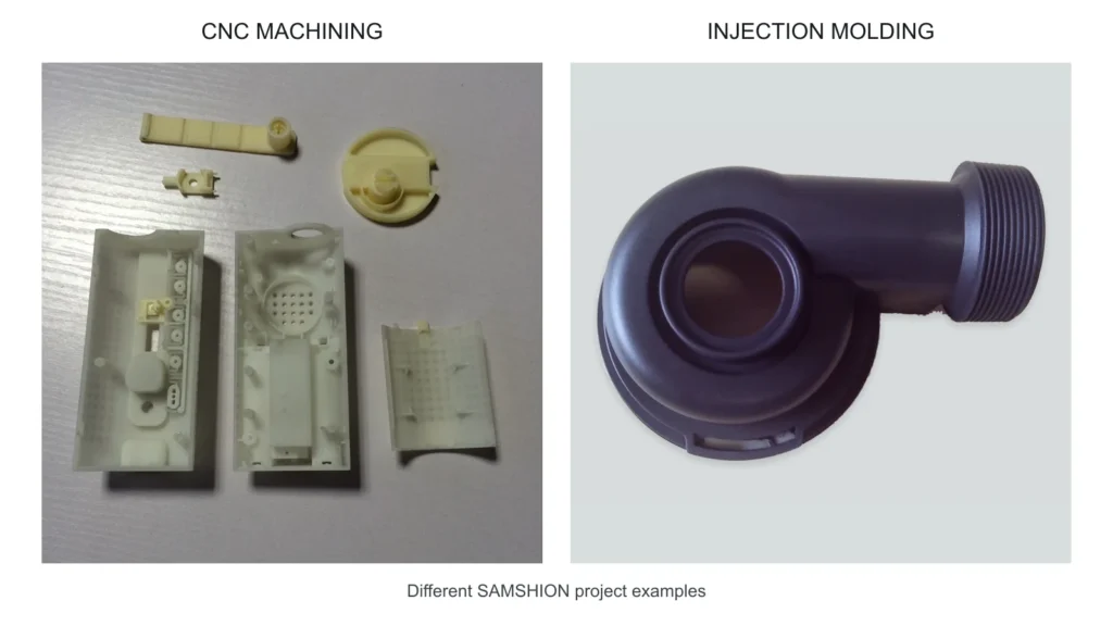 CNC machined ABS prototype parts beside an ABS injection molded component from a different SAMSHION project