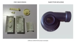 CNC machined ABS prototype parts beside an ABS injection molded component from a different SAMSHION project