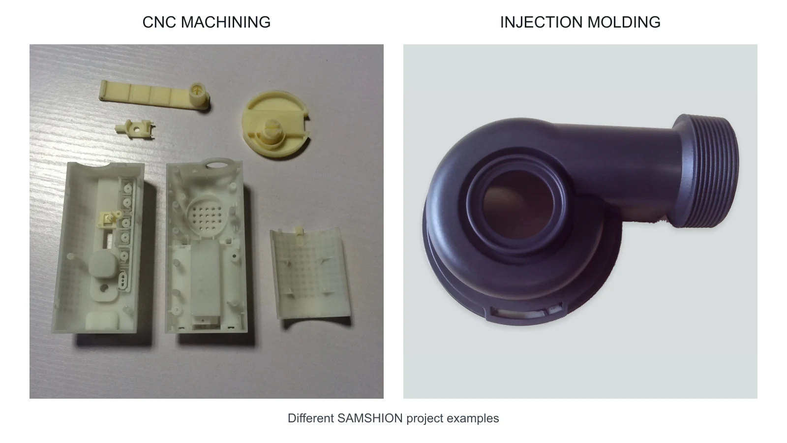 CNC machined ABS prototype parts beside an ABS injection molded component from a different SAMSHION project