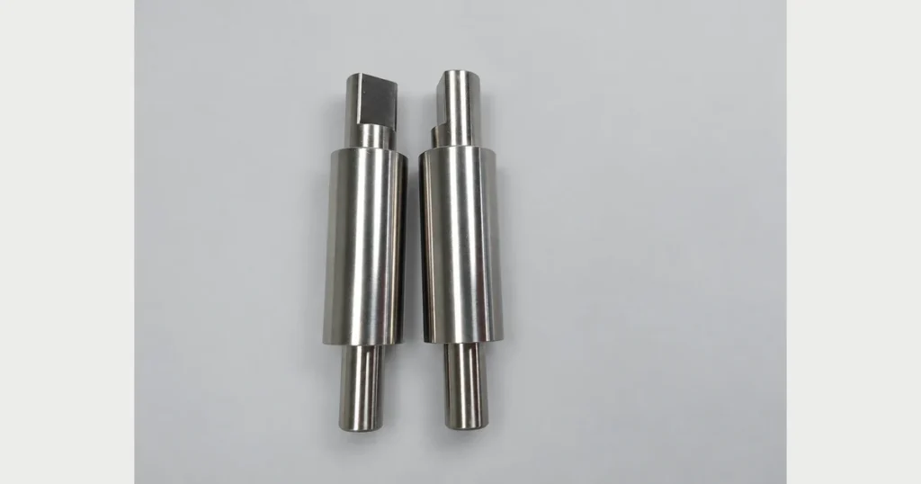 Two machined stepped shafts with cylindrical sections and end flats