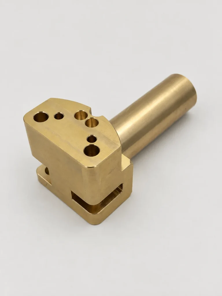 CNC milled brass component with a group of holes and a slotted feature