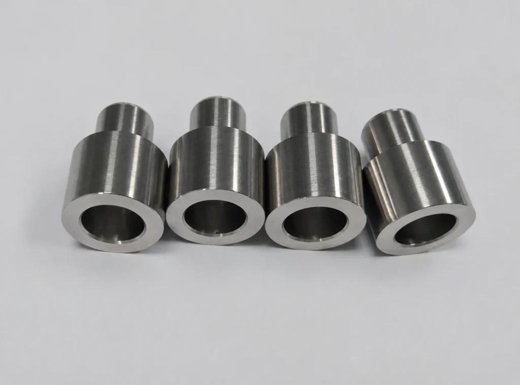 Four CNC machined hollow sleeves with stepped outside diameters and visible bores