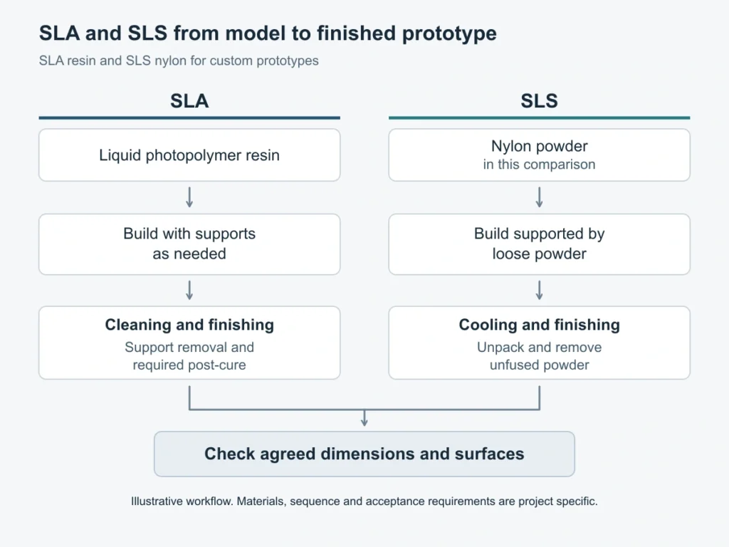 Illustrated SLA resin and SLS nylon workflows from printing through finishing and agreed inspection