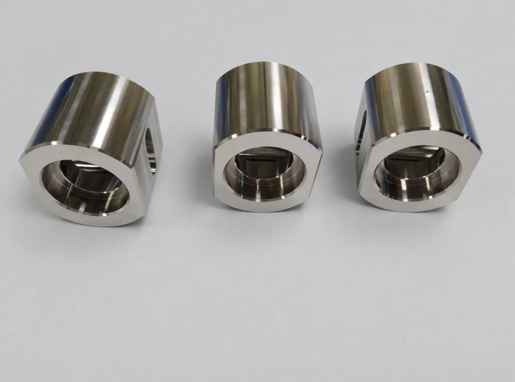 Three machined sleeve components with stepped internal bores and side openings